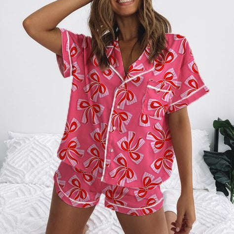 Damen Kurzarm-Pyjama-Set mit verspieltem Schleifenmuster Echoarchiv