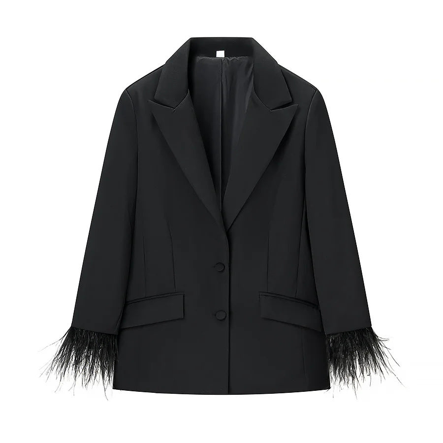 Damen nan taillierter Blazer mit Federrand an den Ärmeln und Pattentaschen Echo Archiv