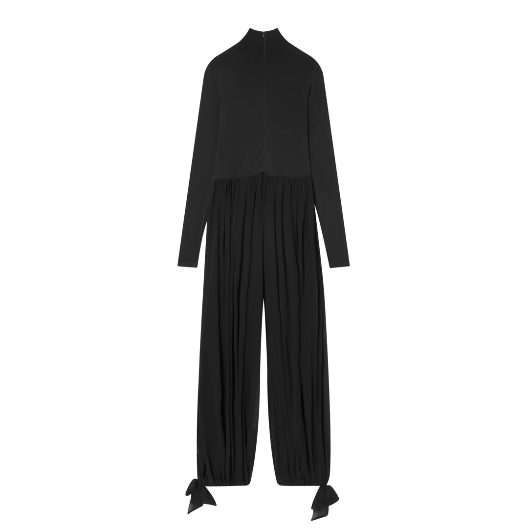 Damen Jumpsuit mit Stehkragen, weitem Plissee-Hosenbein und Knöchel-Bindebändern Echoarchiv