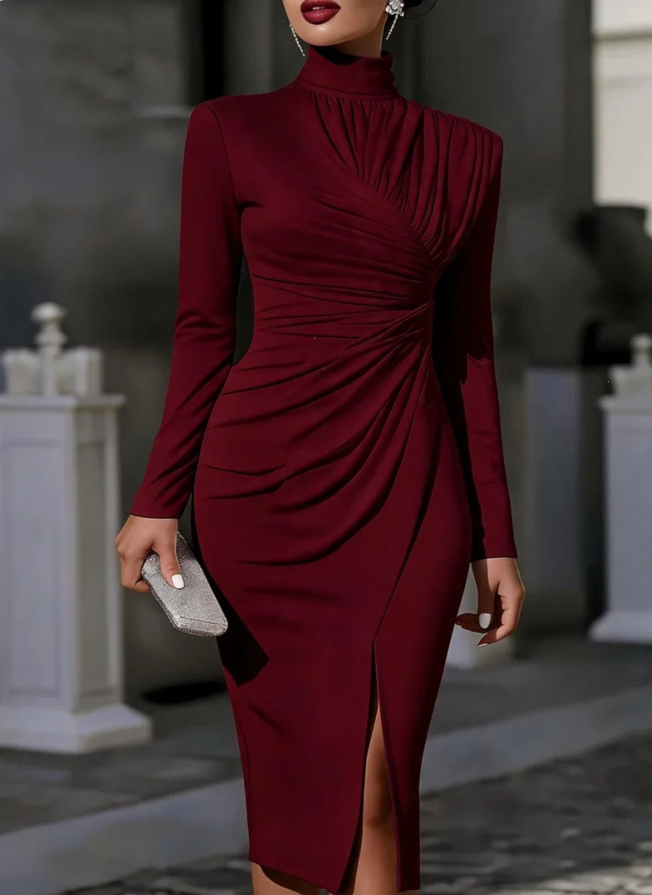 Damen Elegantes Midikleid mit geraffter Drapierung, Stehkragen und Beinschlitz Echoarchiv