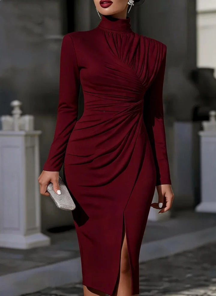 Damen Elegantes Midikleid mit geraffter Drapierung, Stehkragen und Beinschlitz Echoarchiv