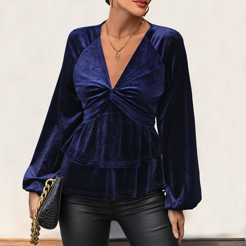 Damen Samt-Peplum-Bluse mit tiefem V-Ausschnitt, gedrehter Brustnaht und Ballonärmeln – Élovi