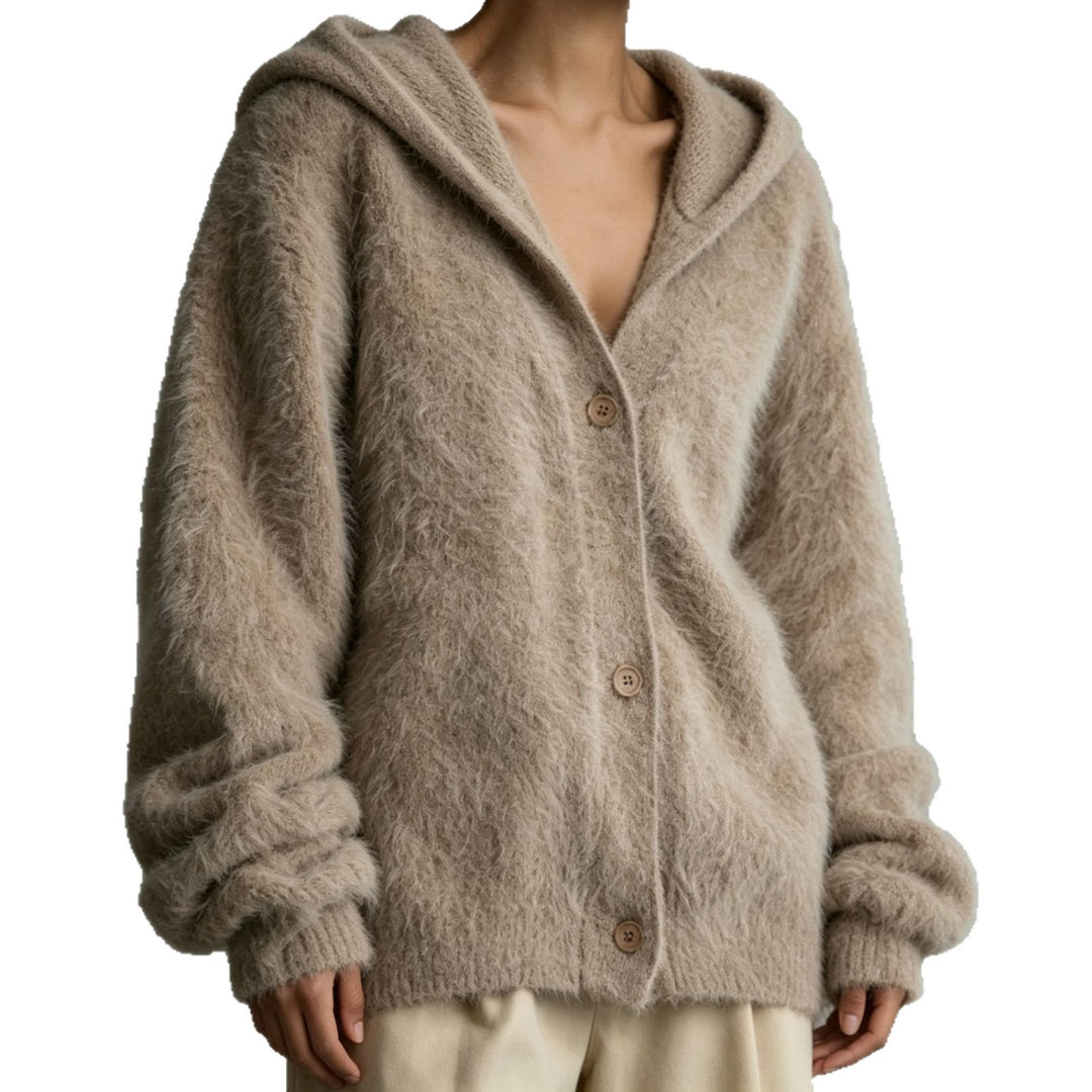 Damen Flauschiger Kapuzen-Cardigan im Mohair-Look mit Knopfleiste – Veloura