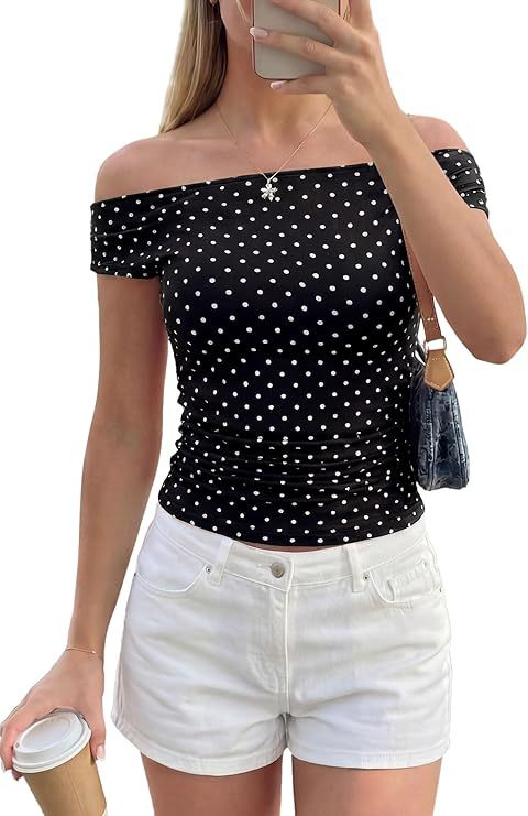 Damen Schulterfreies tailliertes Polka‑Dot Top mit geraffter Seitennaht Echo Archiv