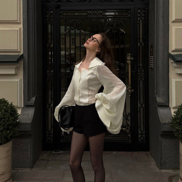 Damen Transparentes Hemdblusen-Top mit taillierter Korsagenoptik und voluminösen Ballonärmeln Echoarchiv