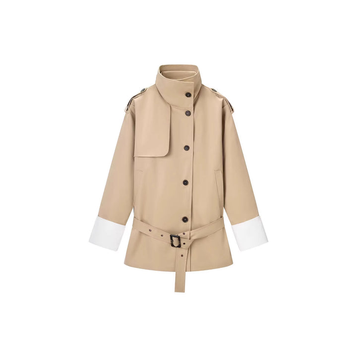 Damen Kurzer Trenchcoat mit Taillengürtel, Stehkragen und Kontrastmanschetten Echo Archiv