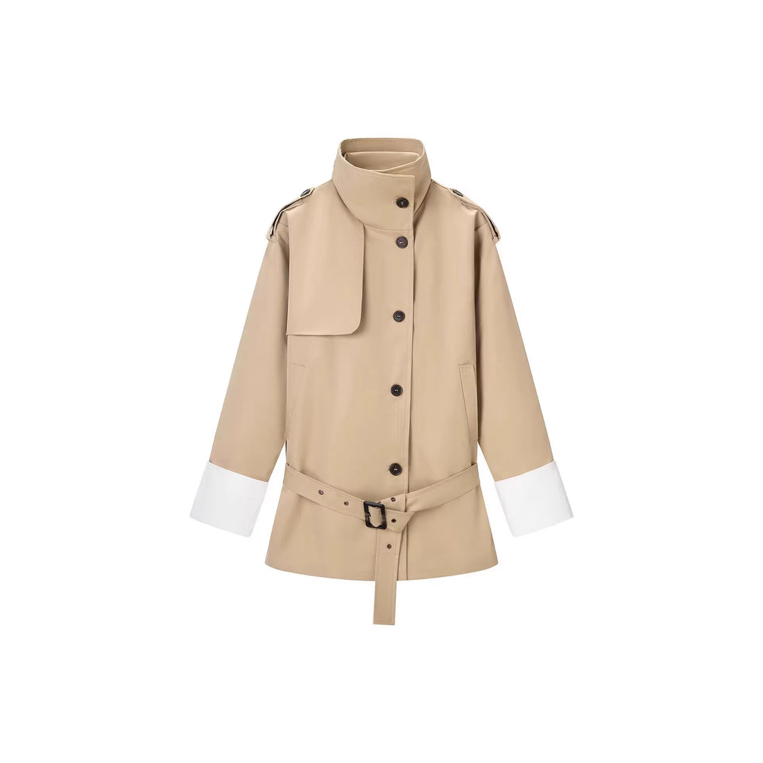 Damen Kurz-Trenchjacke im modernen Bonded‑Look mit hohem Stehkragen, Schulterklappen und Kontrastmanschetten Echo Archiv