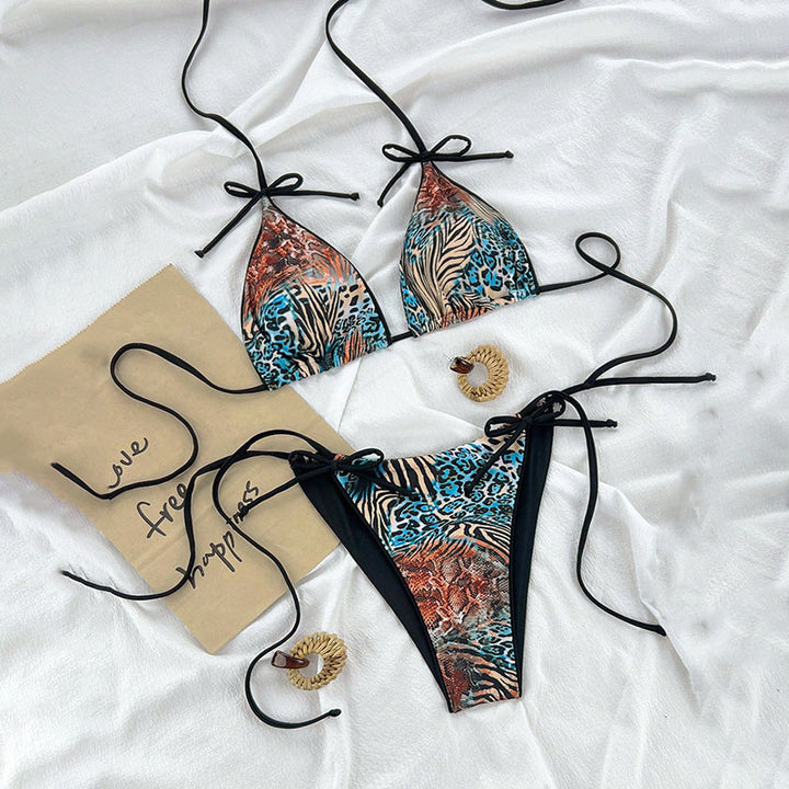 Damen Triangel-Bikini mit animalischem Druck und verstellbaren Bindebändern Echo Archiv