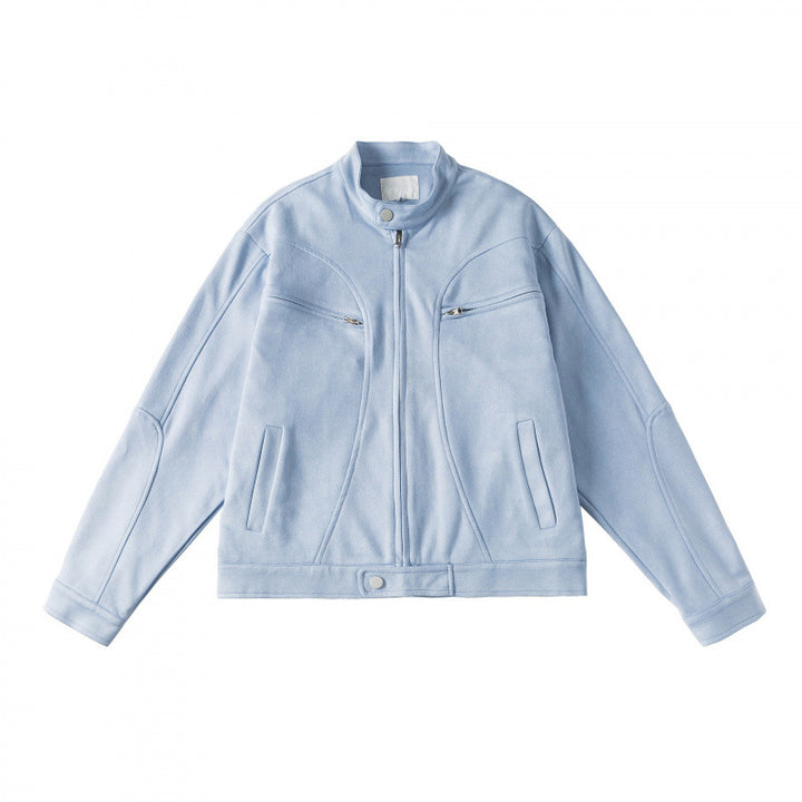 Unisex Kurzgeschnittene kastige Velours-Blousonjacke mit Stehkragen und Brustreißverschlüssen Echo Archiv