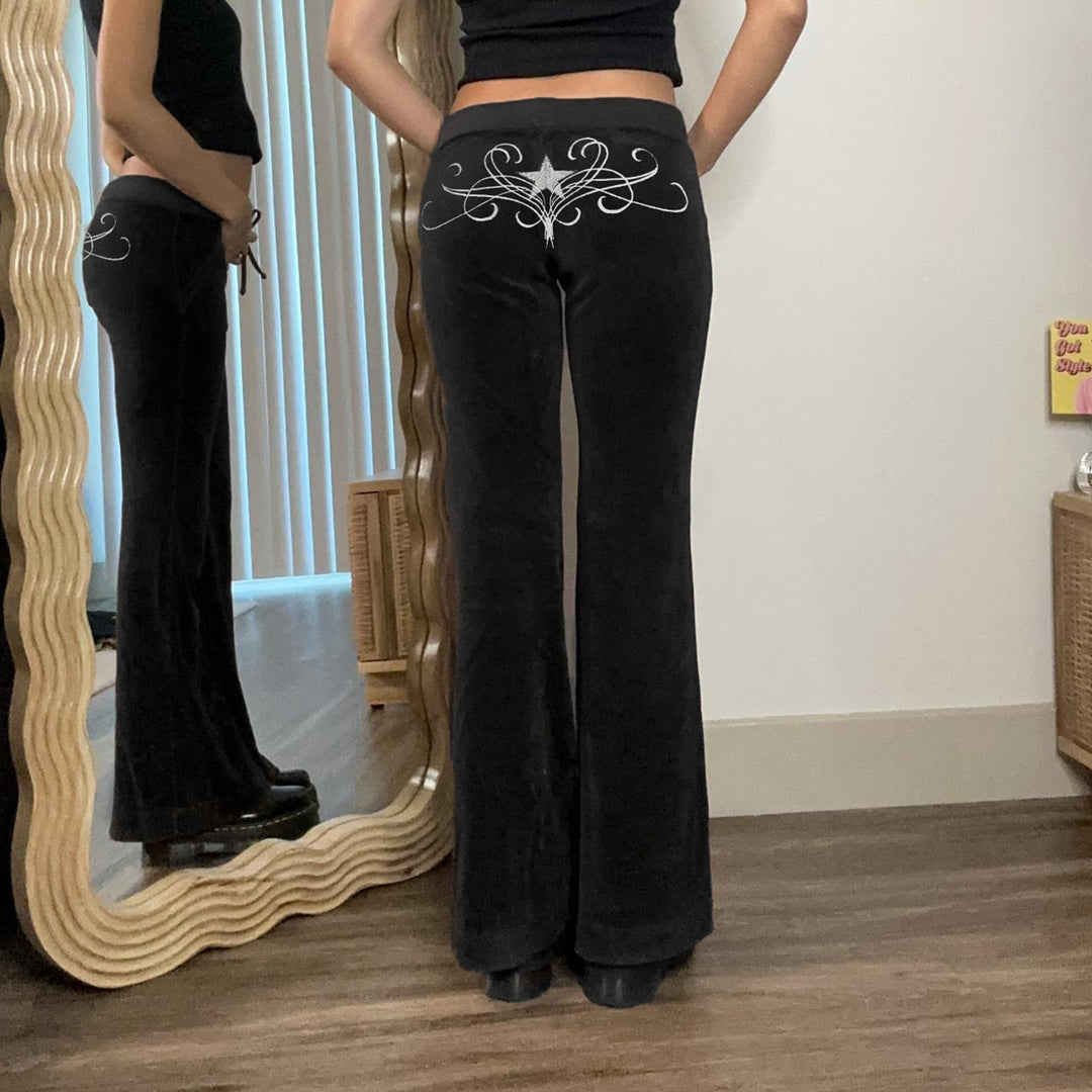 Damen weiche Velours‑Schlaghose mit Zierstern aus Strass und Tunnelzugbund – Avélisse