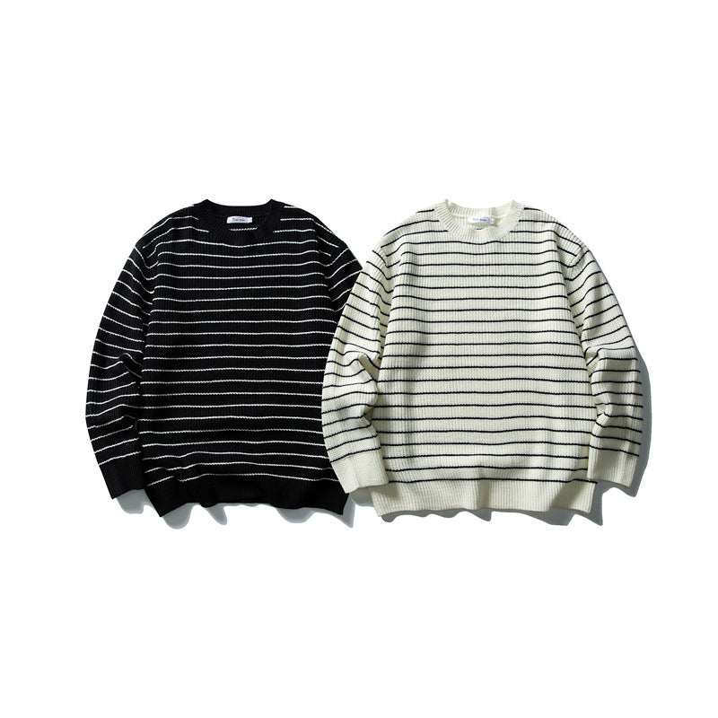 Unisex Breitripp-Strickpullover mit maritimem Streifenmuster und geradem Saum Echoarchiv
