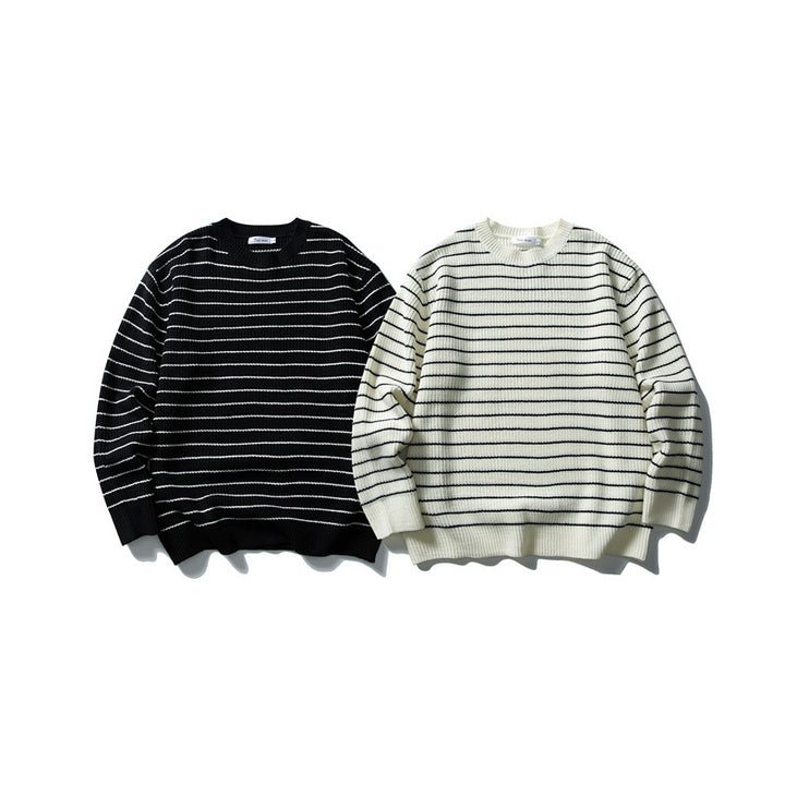 Unisex Breitripp-Strickpullover mit maritimem Streifenmuster und geradem Saum Echoarchiv