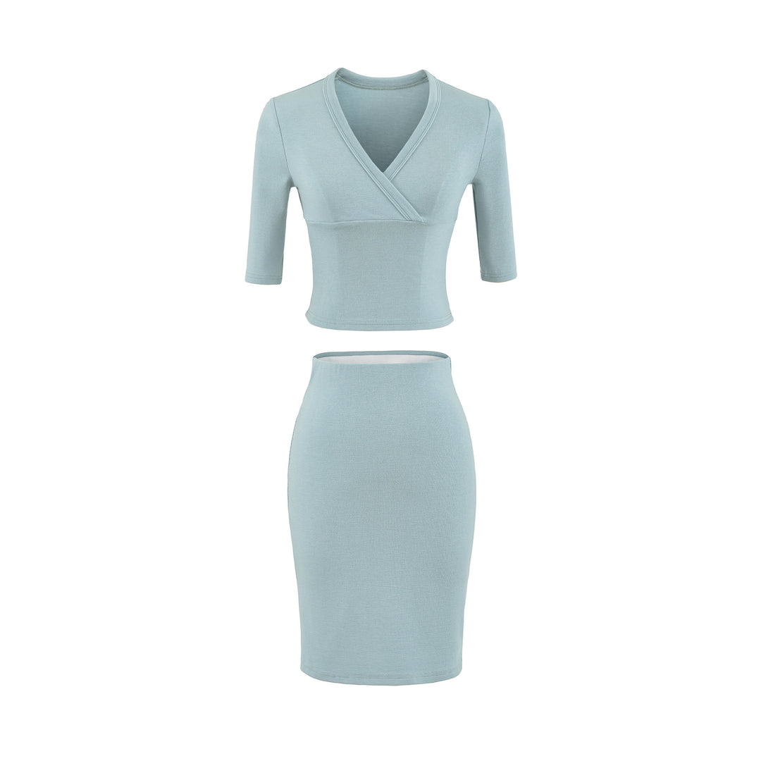 Damen Zweiteiliges figurbetontes Wickel-Top mit Dreiviertelärmeln und Highwaist-Bleistiftrock Echoarchiv