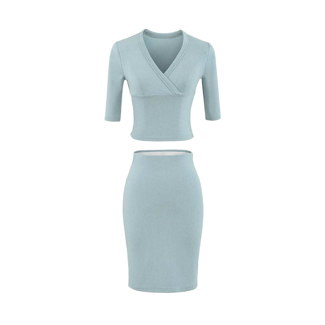 Damen Zweiteiliges figurbetontes Wickel-Top mit Dreiviertelärmeln und Highwaist-Bleistiftrock Echoarchiv