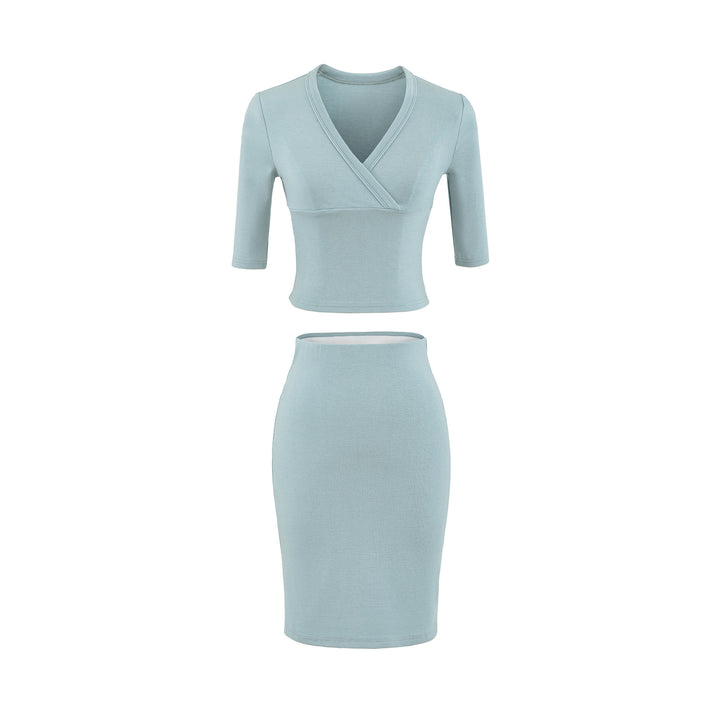 Damen Zweiteiliges figurbetontes Wickel-Top mit Dreiviertelärmeln und Highwaist-Bleistiftrock Echoarchiv