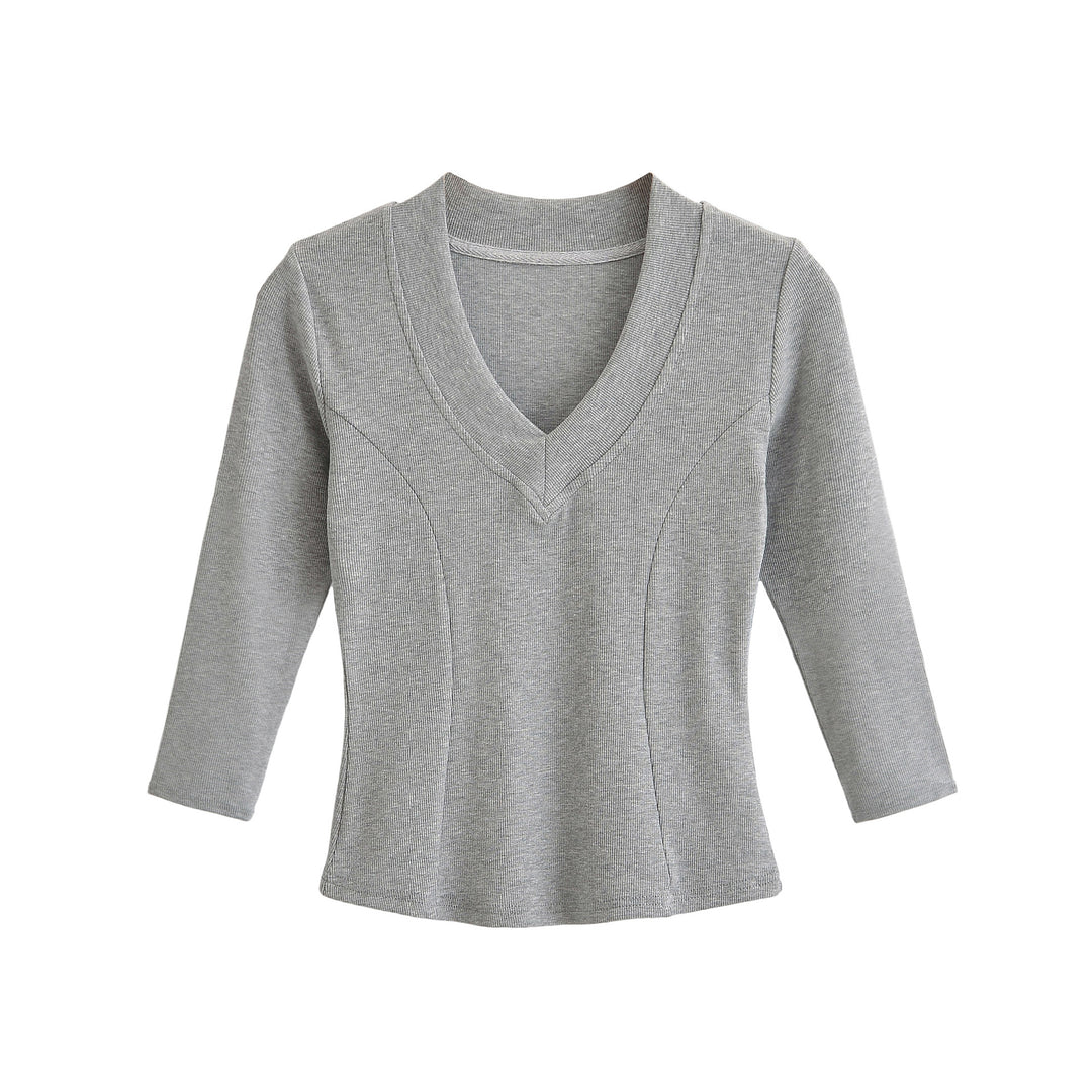 Damen Geripptes Langarmshirt mit V-Ausschnitt und taillierter Schnittführung Echoarchiv