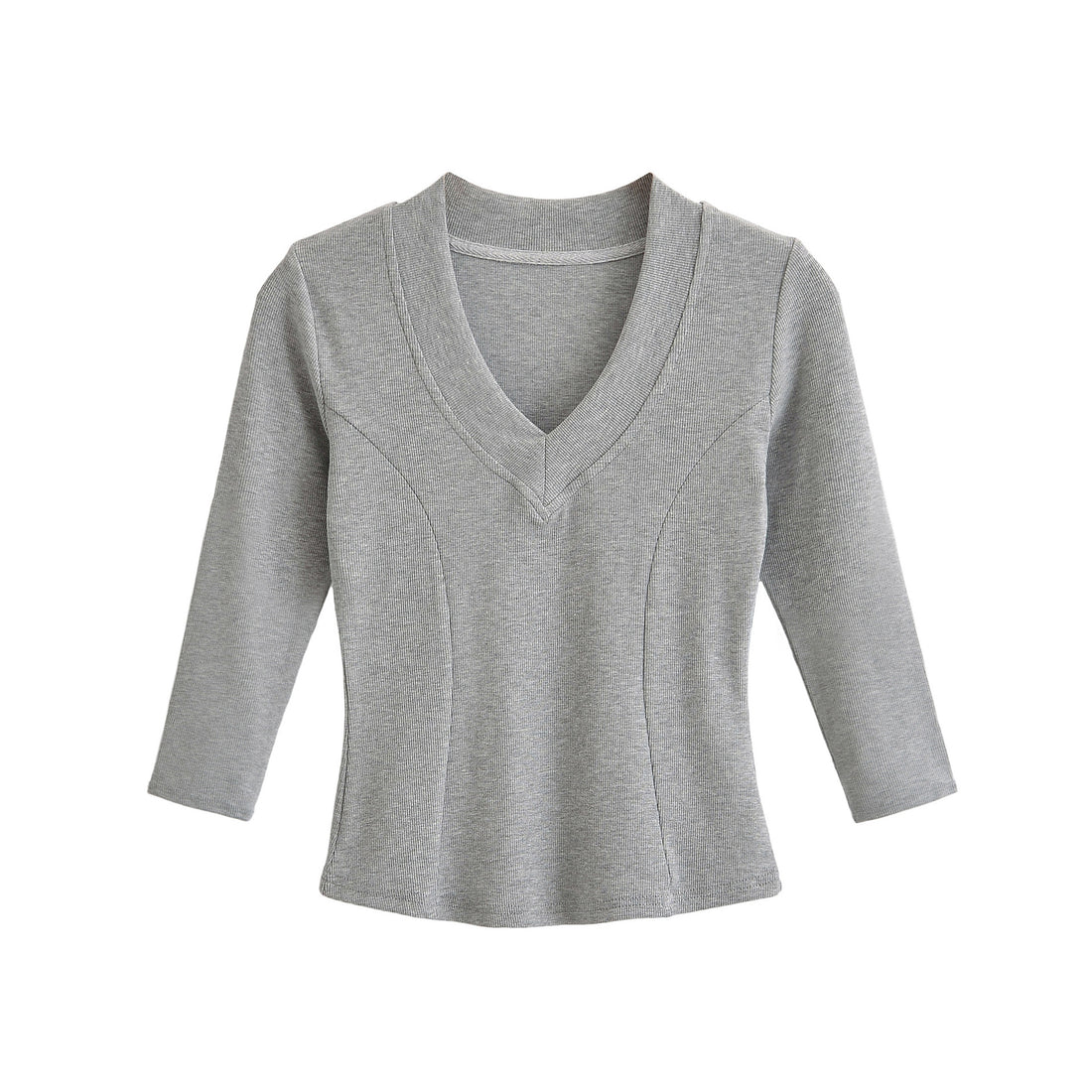 Damen Geripptes Langarmshirt mit V-Ausschnitt und taillierter Schnittführung Echoarchiv