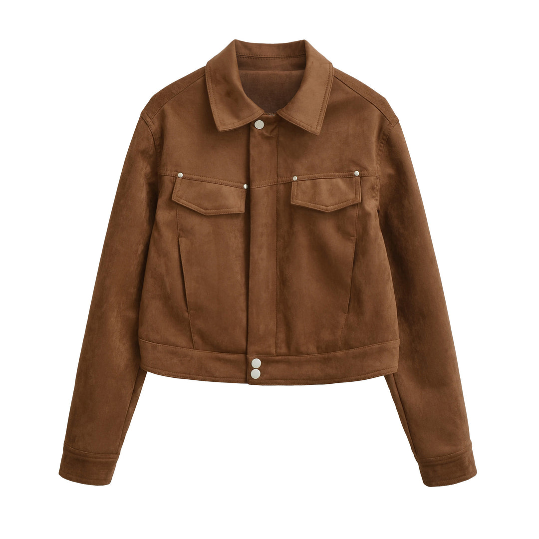 Damen Kurze Velours-Optik Jacke mit Druckknopf-Leiste und aufgesetzten Brusttaschen Echoarchiv