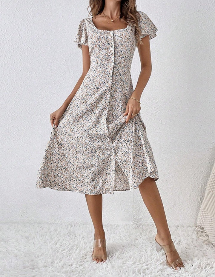 Damen nan tailliertes Midikleid mit quadratischem Ausschnitt, verdeckter Knopfleiste und fließendem A-Linien-Rock Echo Archiv