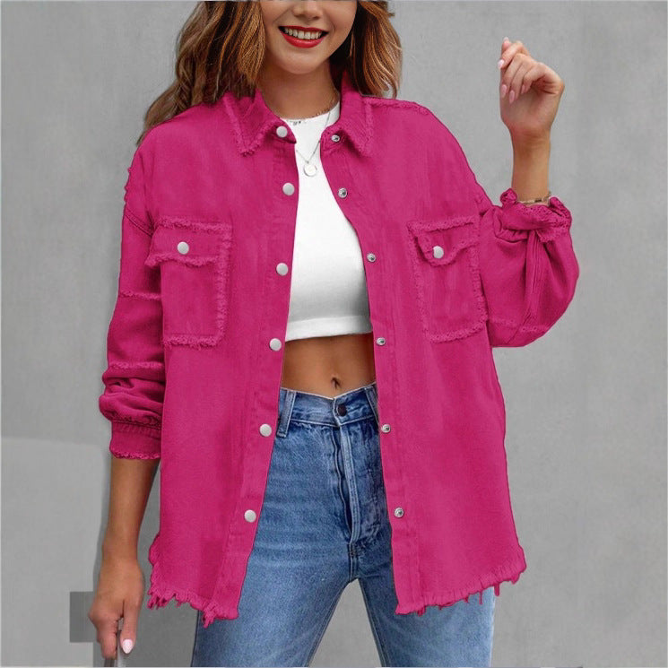 Damen Oversize-Denim-Utility-Hemdjacke mit ausgefransten Kanten und Pattentaschen Echo Archiv