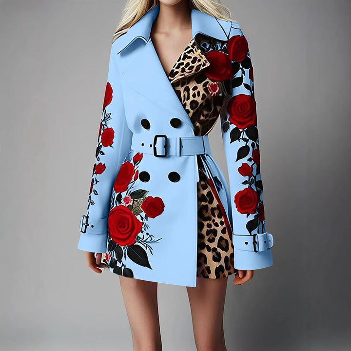 Damen Taillierter Trenchcoat mit Rosenprint und Leoparden-Innenfutter – Montévia
