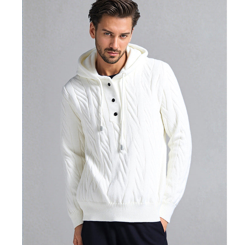 Herren Strukturiertes Zopfmuster-Kapuzenpullover mit Knopfleiste Echo Archiv