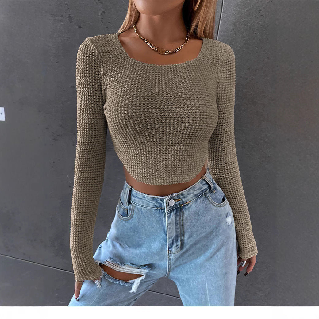 Damen Figurbetontes Cropped‑Waffel‑Stricktop mit U‑Boot‑Ausschnitt Echoarchiv