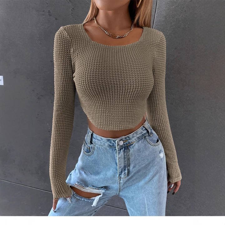Damen Figurbetontes Cropped‑Waffel‑Stricktop mit U‑Boot‑Ausschnitt Echoarchiv