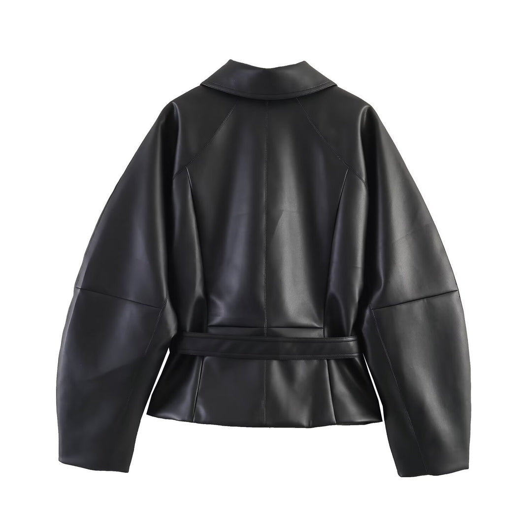 Damen Kurze Kunstlederjacke mit Taillengürtel und Oversized-Ärmeln Echo Archiv