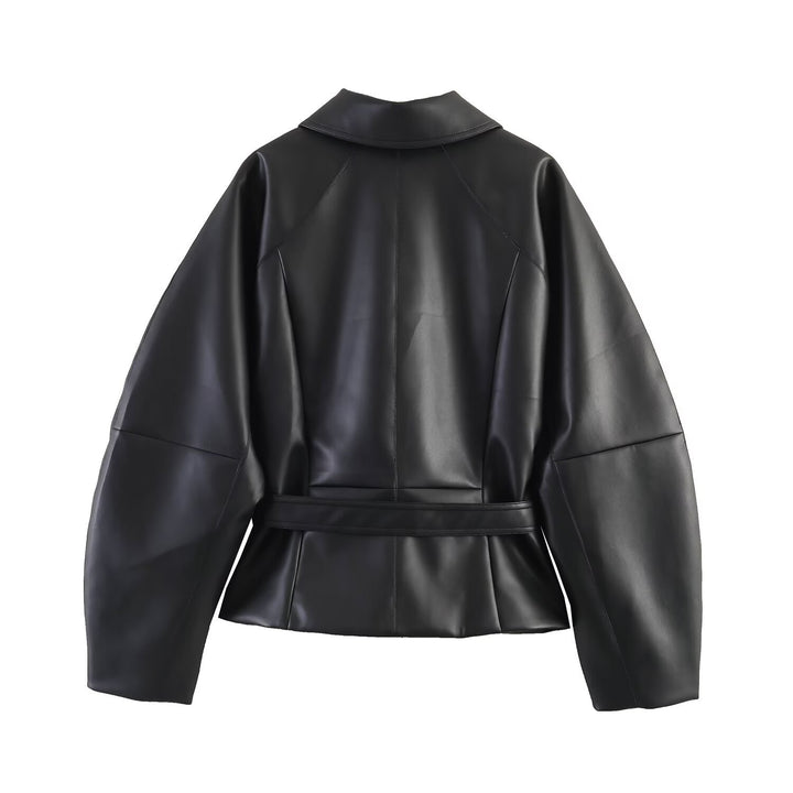 Damen Kurze Kunstlederjacke mit Taillengürtel und Oversized-Ärmeln Echo Archiv