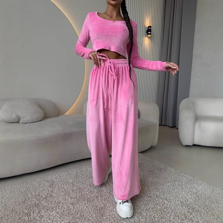 Damen Samt-Loungewear-Set mit Cropped-Langarmshirt und hoher Taillen-Palazzohose – Élanora