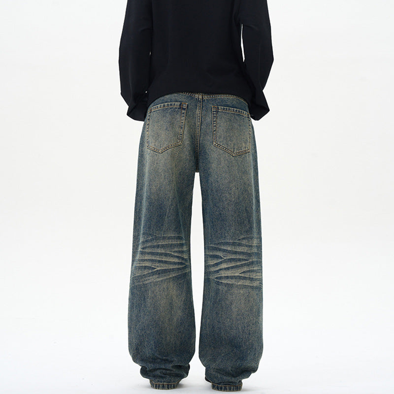 Herren Weite Denim-Jeans im Vintage-Whisker-Look mit horizontalen Falten und bodenlangem Saum Echo Archiv