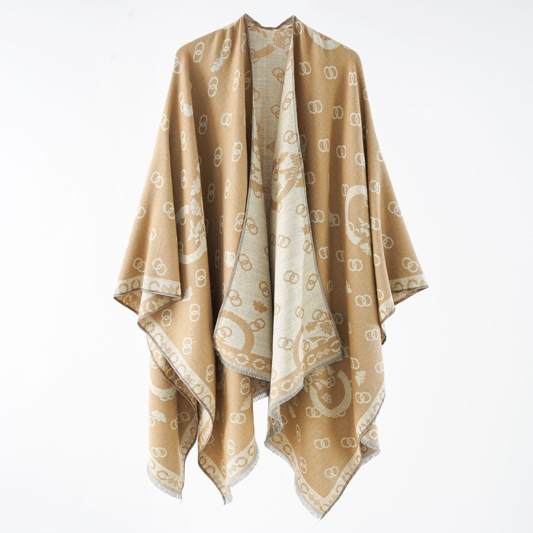 Damen Wendbarer Jacquard-Überwurf mit Fransen und großzügiger Wrap-Silhouette Echo Archiv