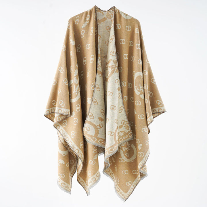 Damen Wendbarer Jacquard-Überwurf mit Fransen und großzügiger Wrap-Silhouette Echo Archiv