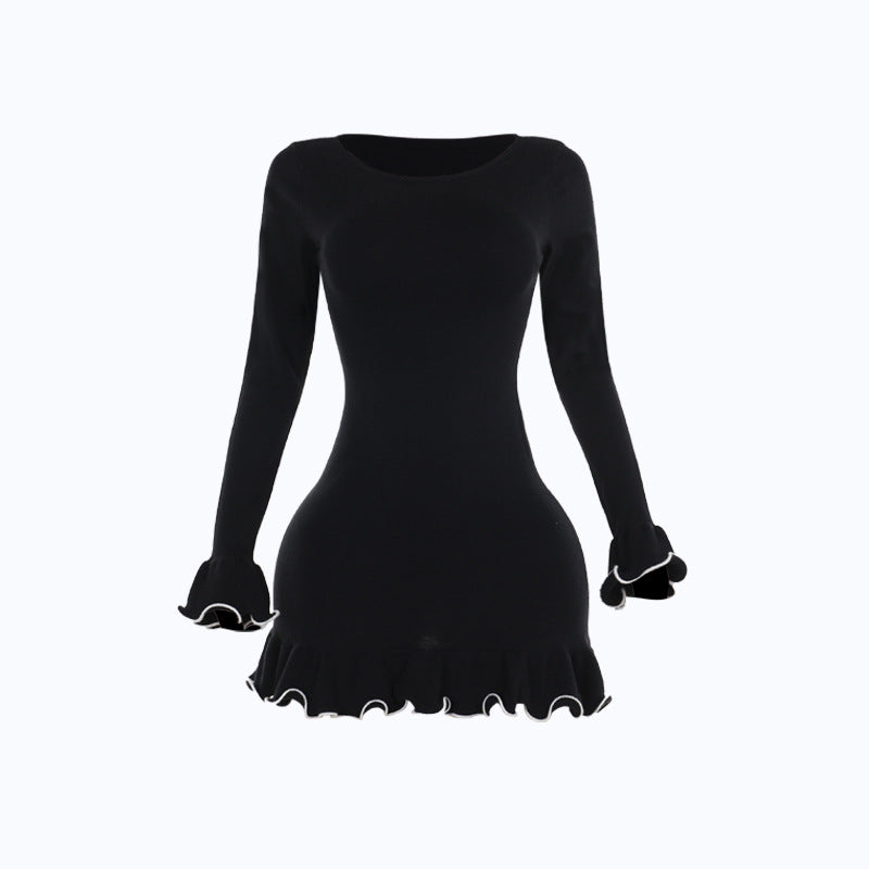Damen figurbetontes Mini-Kleid mit kreativen Rüschen und langen Ärmeln Echo Archiv