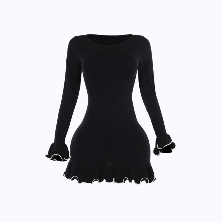 Damen figurbetontes Mini-Kleid mit kreativen Rüschen und langen Ärmeln Echo Archiv