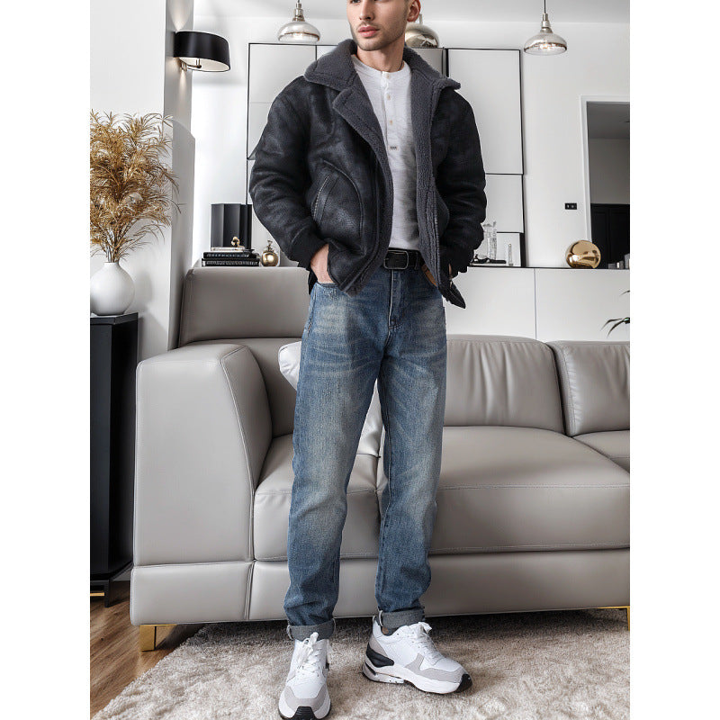 Herren Relaxed-Tapered Vintage-Jeans mit Used‑Effekt und aufgekrempeltem Saum Echoarchiv