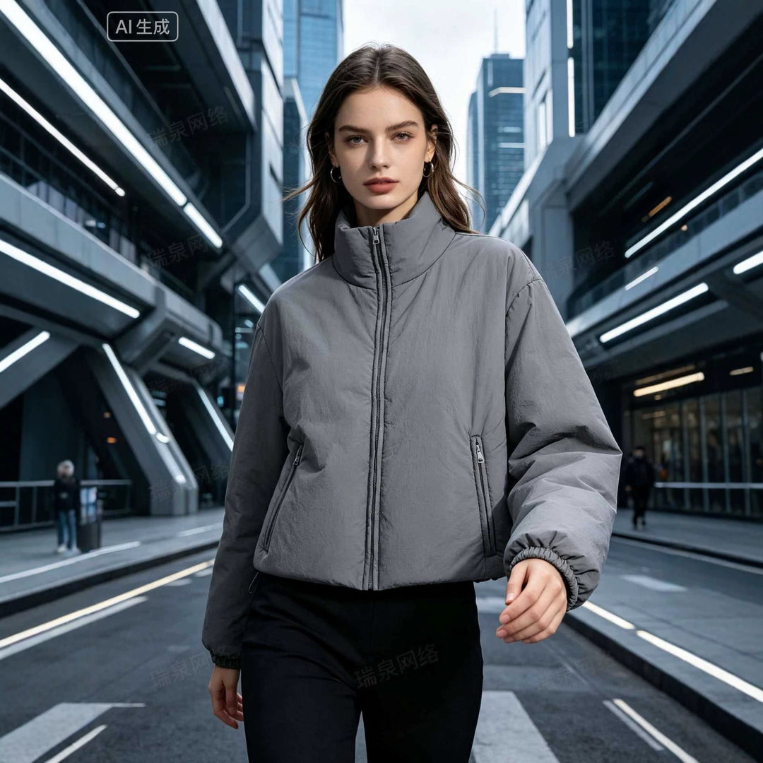 Damen Kurze Boxy‑Steppjacke mit hohem Stehkragen, Reißverschlusstaschen und elastischen Bündchen Echoarchiv