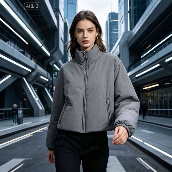 Damen Kurze Boxy‑Steppjacke mit hohem Stehkragen, Reißverschlusstaschen und elastischen Bündchen Echoarchiv