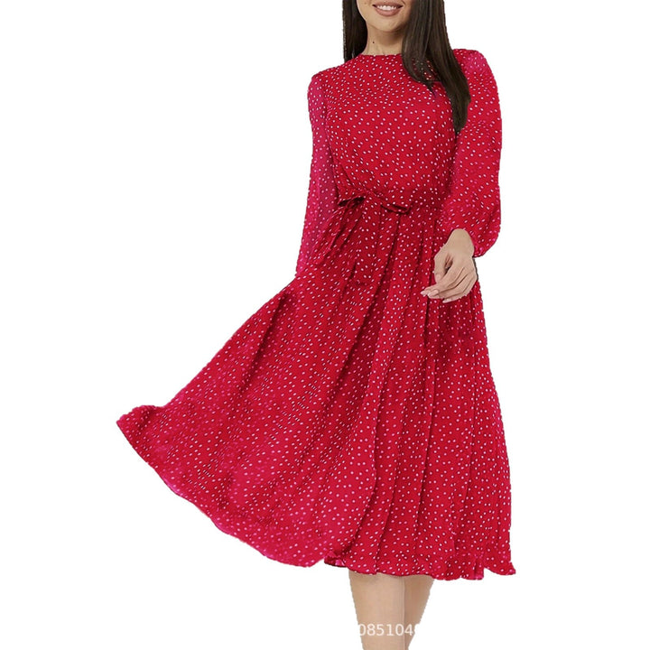 Damen Midikleid mit Punkten, taillierter Bindegürtel und Volantrock – Élara