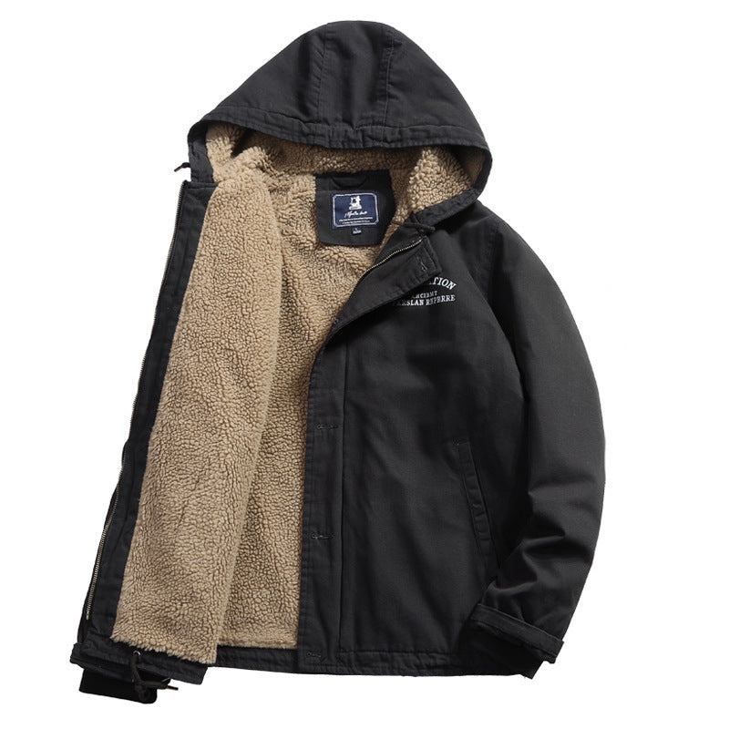 Herren Baumwoll-Canvas Kapuzenblouson mit durchgehendem Teddyfutter, verdeckter Knopf- und Reißverschlussleiste und Innentasche – Taviero