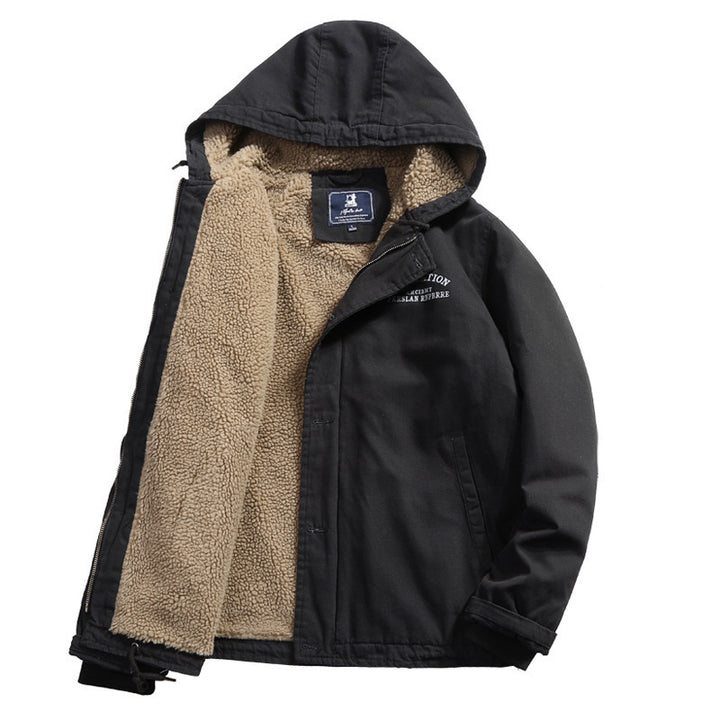 Herren Kapuzen-Canvasjacke mit Sherpa-Futter und Utility-Details Echoarchiv