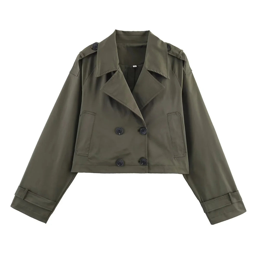 Damen cropped Trenchjacke mit doppelreihiger Knopfleiste, Schulterklappen und verstellbaren Manschetten – Célinea