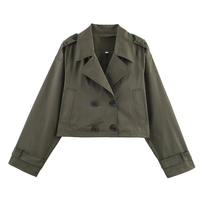 Damen cropped Trenchjacke mit doppelreihiger Knopfleiste, Schulterklappen und verstellbaren Manschetten – Célinea