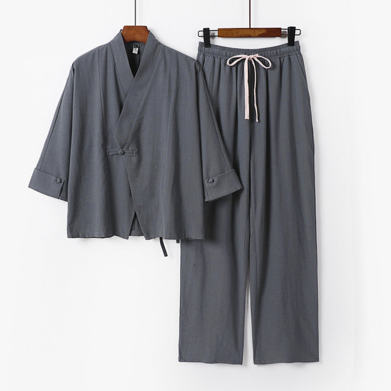 Unisex Leichtes Zen-Lounge-Set im Kimono-Stil mit überschnittener Schulter verdeckter Knotenleiste und elastischer Tunnelzughose Echoarchiv