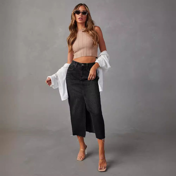 Damen nan hochgeschnittener Midi-Jeansrock mit mittigem Frontschlitz und rohem Saum Echo Archiv