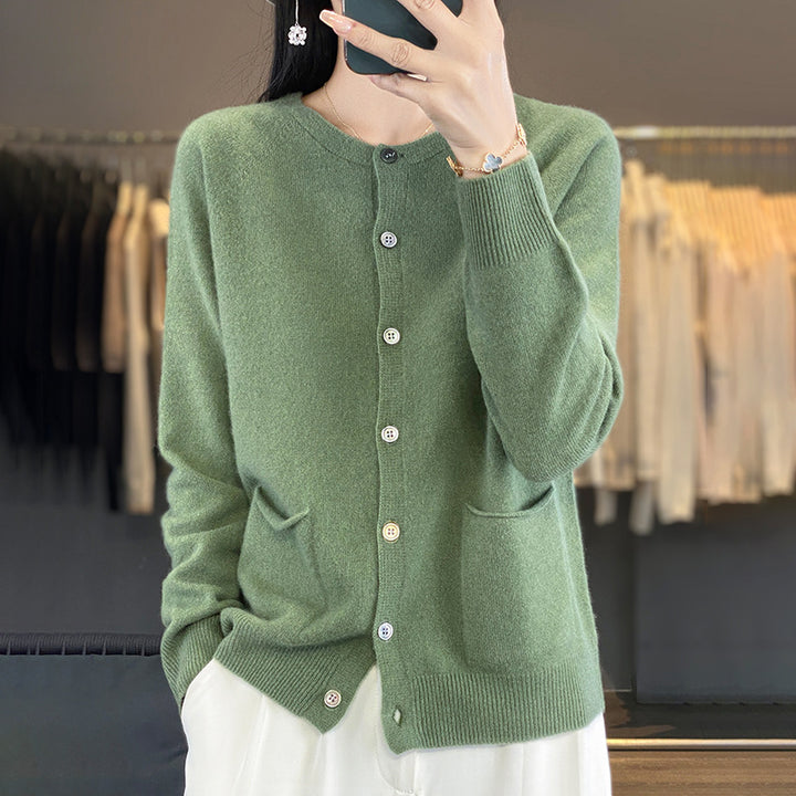 Damen Langer Feinstrick-Cardigan mit Rundhalsausschnitt, Eingrifftaschen und Alpaka-Mix Echoarchiv