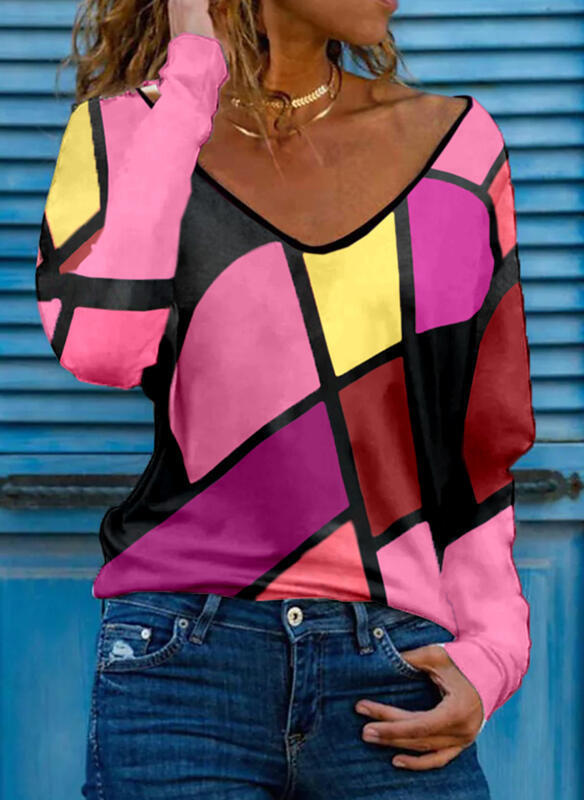 Damen Loose V-Ausschnitt Langarmshirt mit geometrischem Blockdruck und Oversized Passform – Avérine