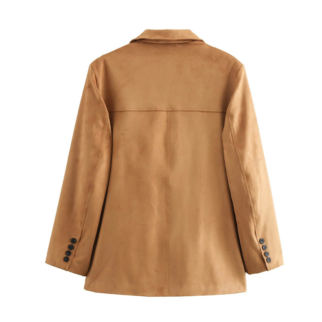 Damen kurzer Veloursleder Mantelblazer mit Reverskragen und aufgesetzten Pattentaschen – Célinea