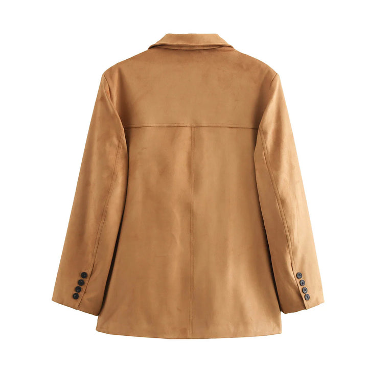 Damen kurzer Veloursleder Mantelblazer mit Reverskragen und aufgesetzten Pattentaschen – Célinea